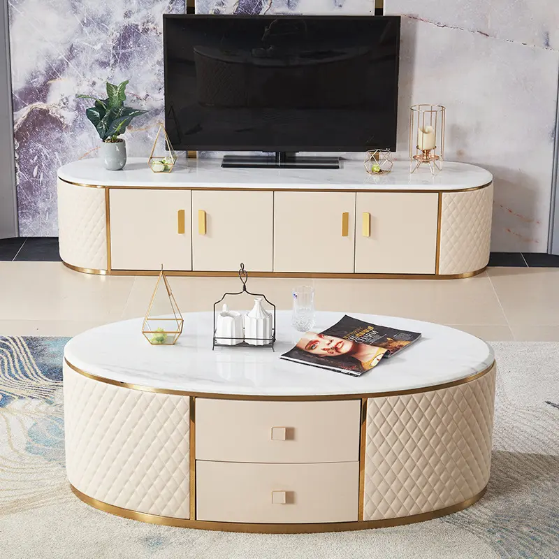 Новейший дизайн, современный роскошный кожаный белый журнальный столик и подставка для телевизора с мраморной столешницей для облицовки комнаты, диван-мебель