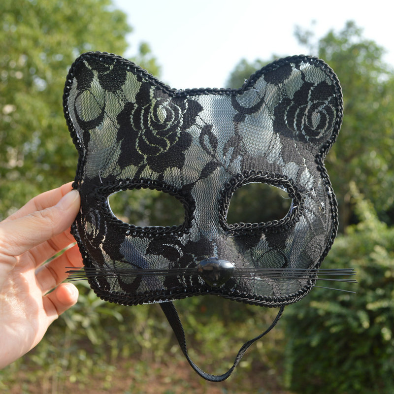 Máscara de gato de encaje negro-pvc