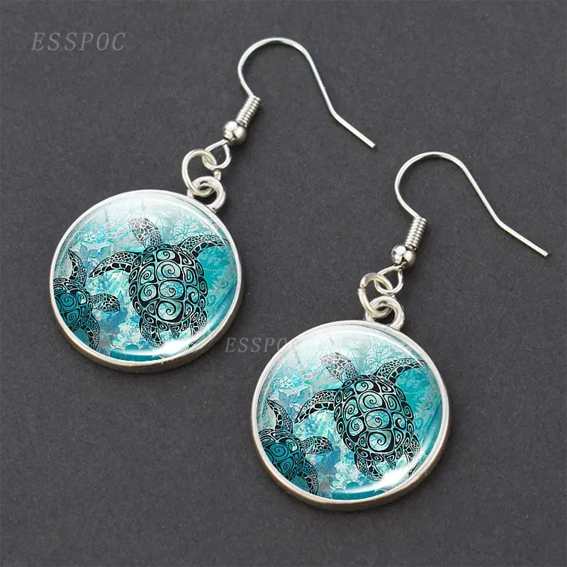 Boucles d'oreilles hameçon pour femmes, bijoux avec animaux de mer, tortue, étoile de mer, méduses, Cabochon en verre, pendentif, cadeaux pour les dames