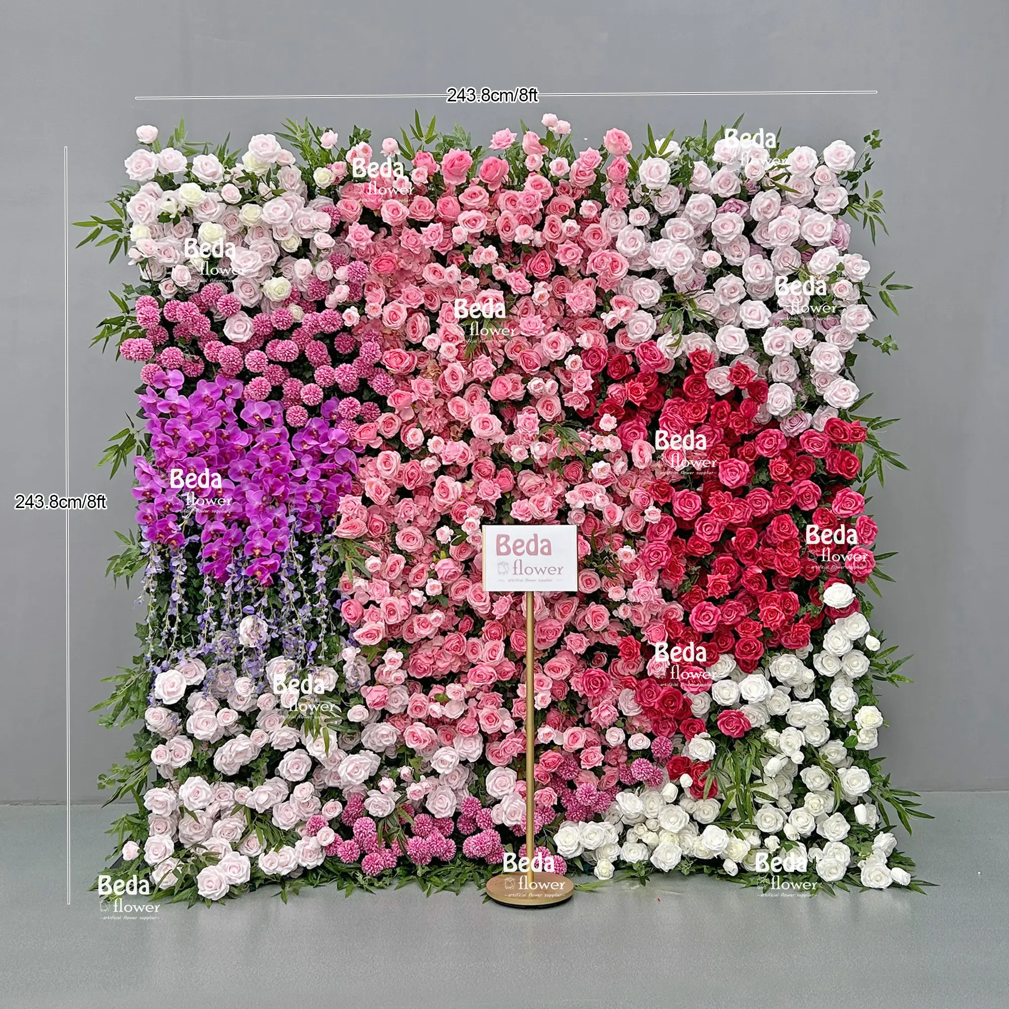 Beda 5D 8*8 pés vendas diretas da fábrica personalizado decoração de casamento flor parede artificial colorido rosa floral real cenário de parede