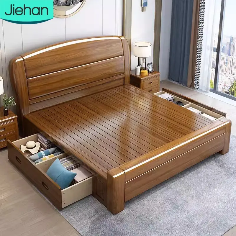 Vente en gros de meubles de chambre à coucher conceptions normales lit double de rangement de luxe cadre en bois massif lits en bois King Size pour la maison