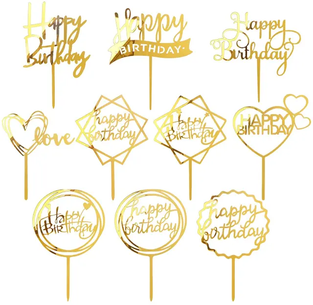 Dourado Feliz Aniversário Coração Estrela Acrílico Cupcake Topper Bolo Topper para Meninos Meninas Aniversário Casamento Dia das Mães Decoração Bolo