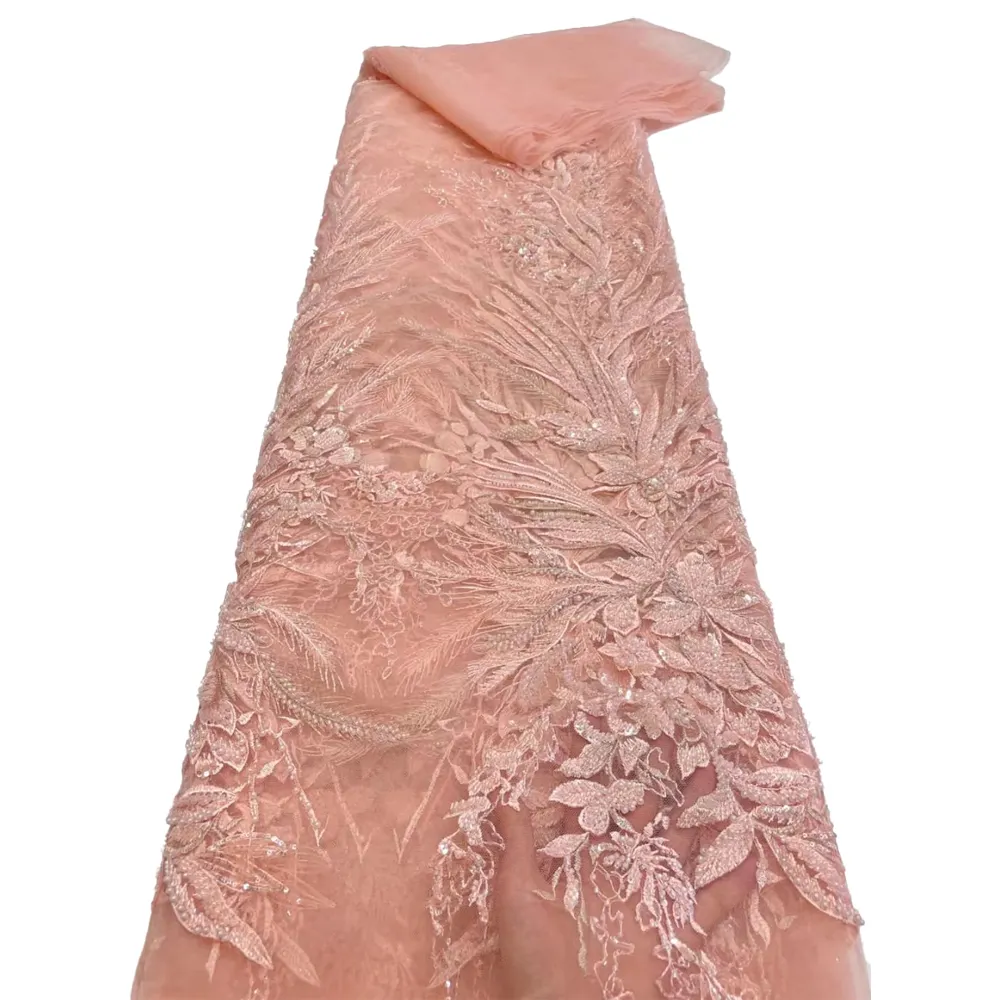 HFX 5 ярдов 2024 Высококачественная африканская вышивка блестками бисером тюль кружевная ткань ФРАНЦУЗСКИЙ Тюль сетчатая кружевная ткань для свадьбы