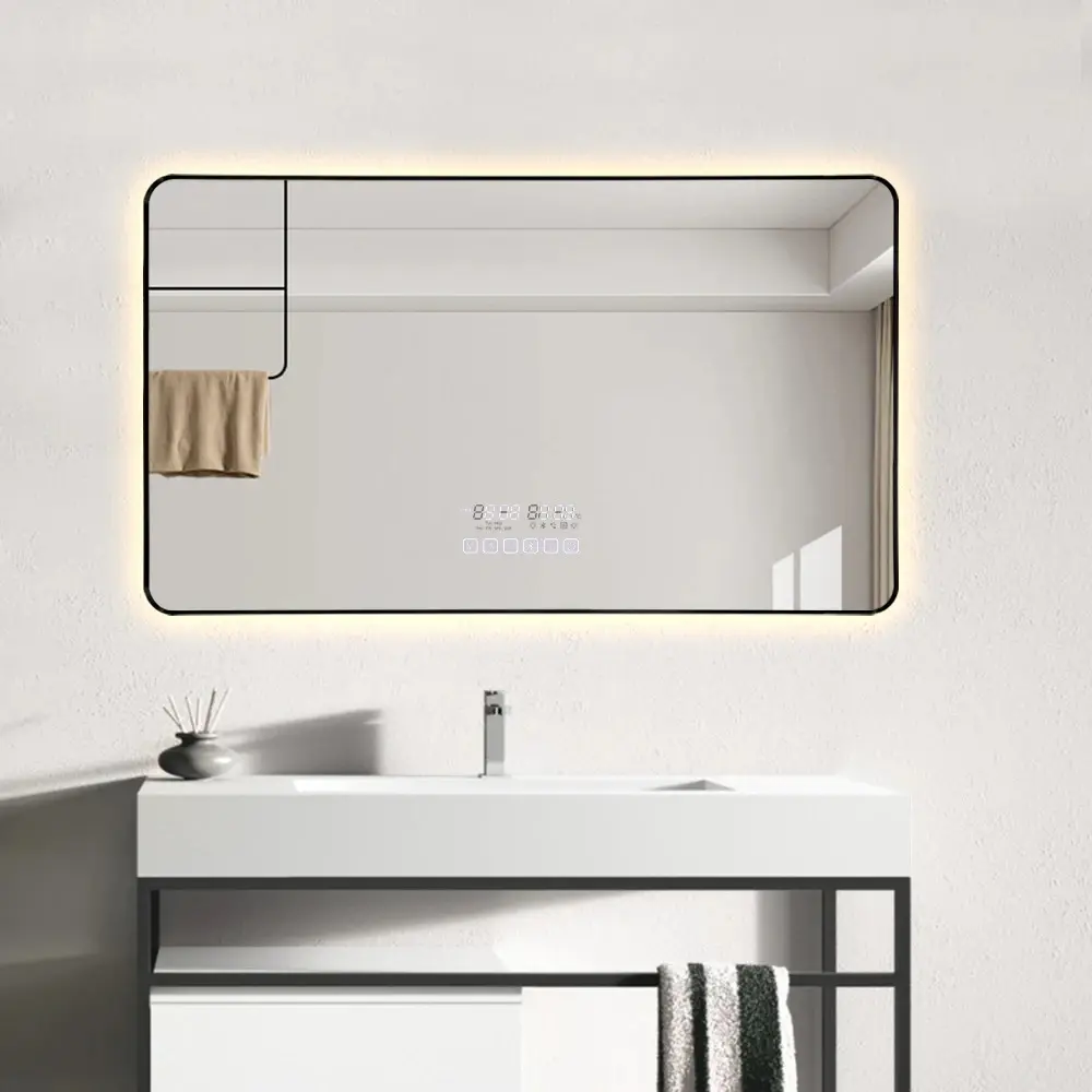 Espelho de parede iluminado 45 moldura chanfrada metal espelho inteligente com temperatura ajustável 3000K-6000K ouro