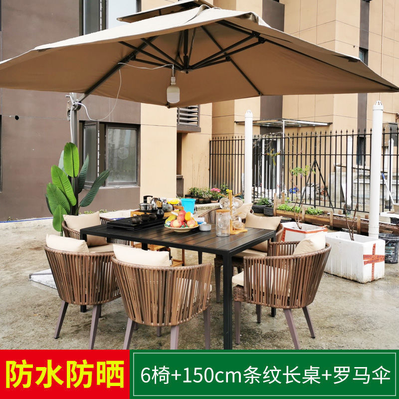 6 chaises 150x90 barre horizontale longue table-parapluie romain