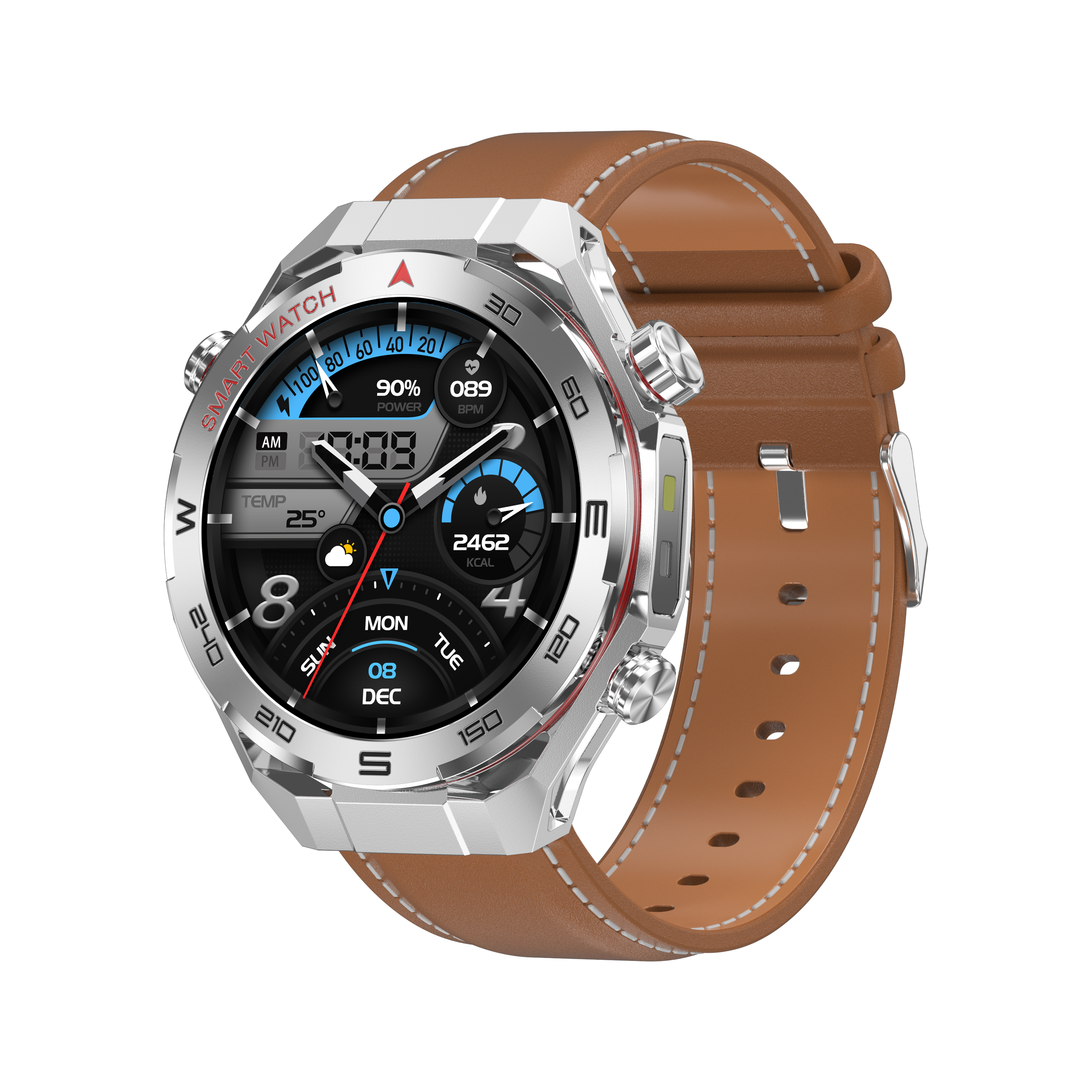 Boîtier argenté + bracelet en cuir marron