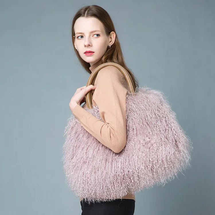 Women winter fashion custom Designer oem Big Size real mongolian fur tote bag