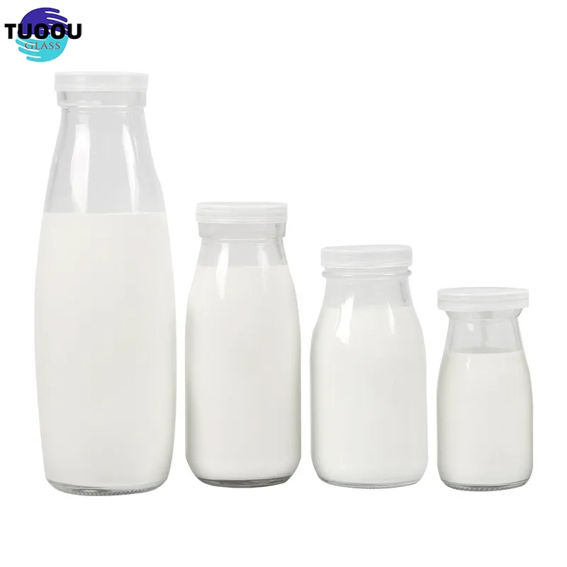 Garrafa de leite 8oz, garrafa de bebidas de vidro com tampas plásticas 250ml 200ml e 100ml, em atacado