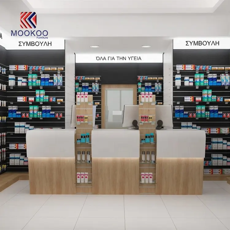 Muebles de exhibición Interior de tienda de medicamentos personalizados con imagen de diseño de tienda de farmacia, proveedor de fábrica