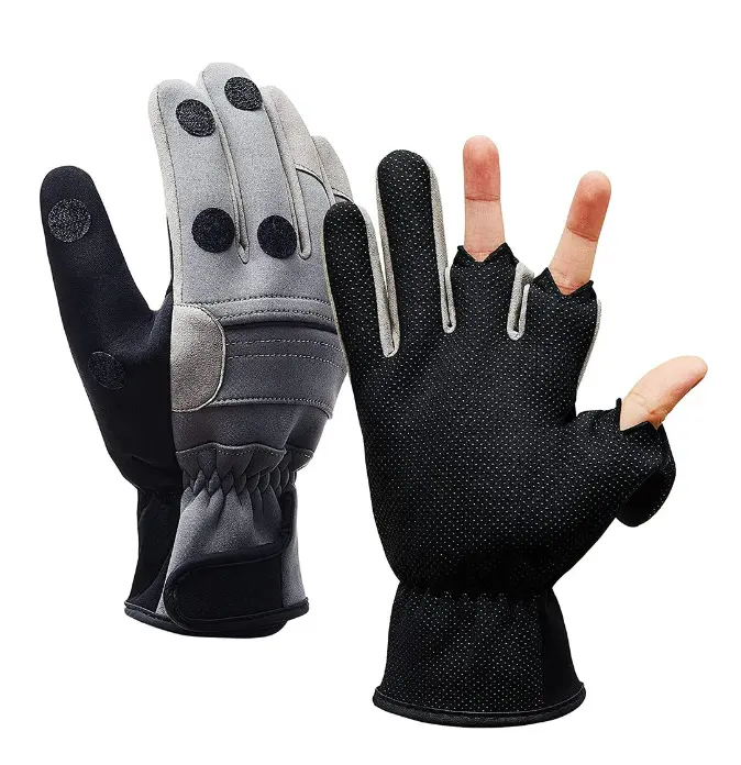 Gants de pêche sur glace antidérapants imperméables à doigts complets en néoprène (avec conception à 3 doigts convertibles)