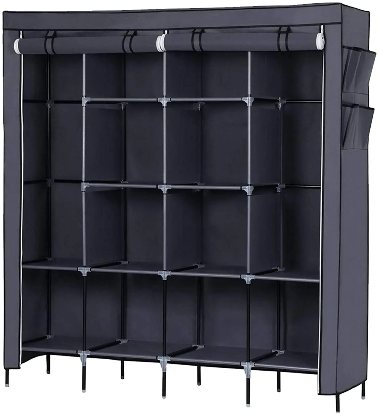 Wardrobe Bedroom Closet Organizer Plastic Clothes Storage Shelves, Non-Woven Fabric Cover with Side Pockets
