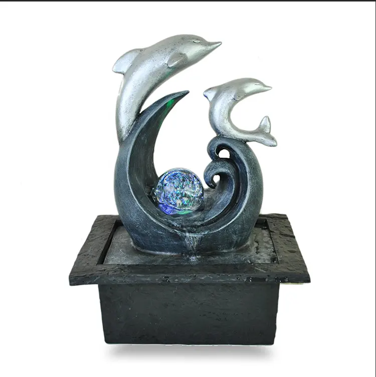 Dessus de table chinois résine poisson dauphin avec boule eau cascade fontaine fabricants intérieur décor à la maison fontaine Brunnen artisanat