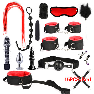 15pcs/套黑色PU皮革束缚套装鞭子面具奶嘴夹手铐BDSM套装成人情侣调情SM游戏5m绳束缚 - Product Image 2