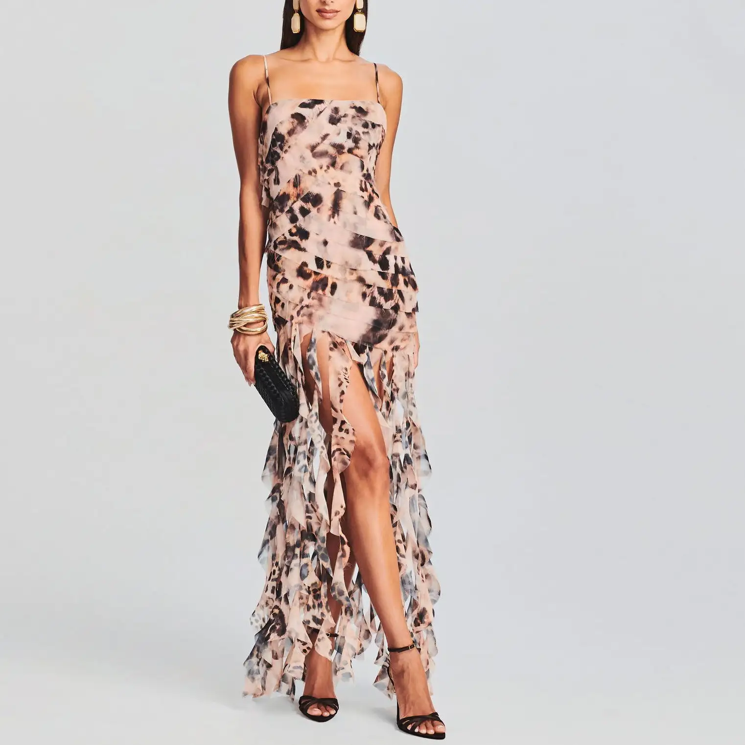 Summer Sexy Animal Aria Print Evening Dress Spaghetti Straps Asymmetrical Hem Maxi Dress Women Casual Dress