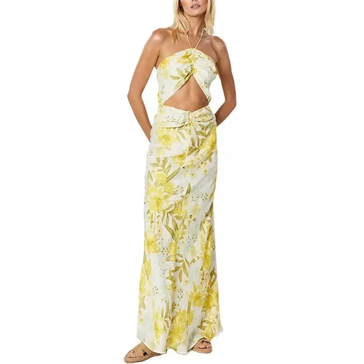 100% Linho amarelo floral impressão oco cortar halter manga maxi longo vestido da mulher moda verão vestidos nova moda ocidental