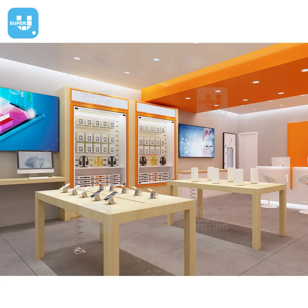 Decorazione del negozio di elettronica in stile legno custodia per telefono personalizzata Display mobili negozio di telefoni cellulari Interior Design per cellulare