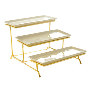 陶瓷3层矩形餐架，带瓷盘层托盘，带可折叠坚固架金白盘 - Product Image 1