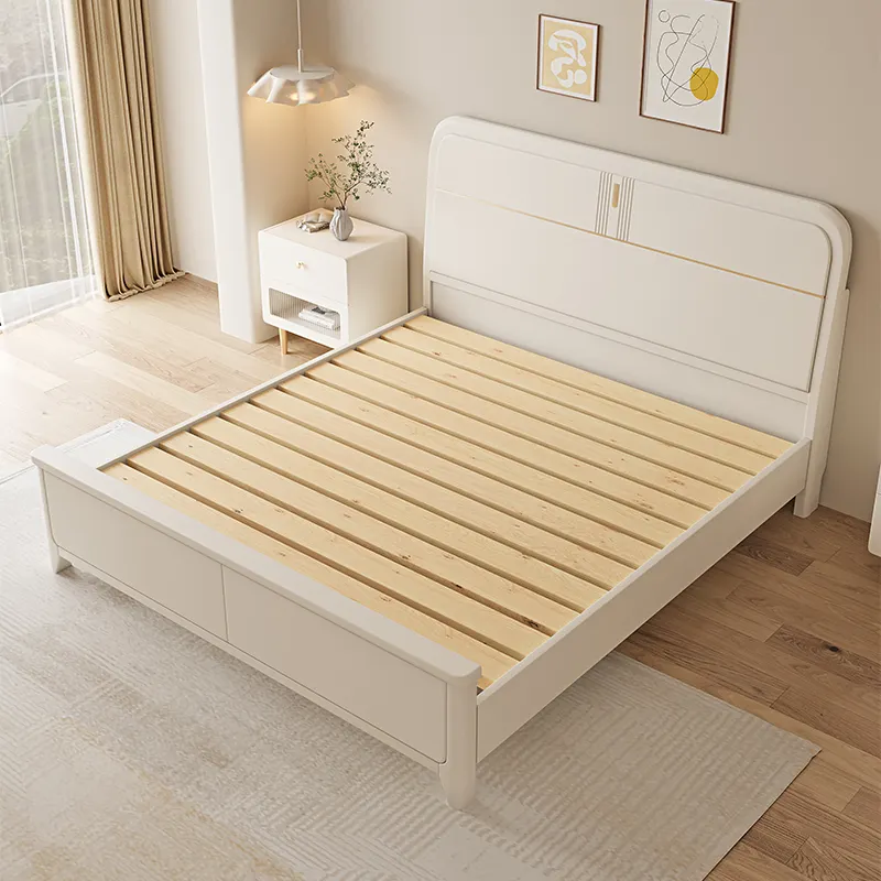 Ensemble de chambre à coucher de rangement minimaliste, boîte multifonctionnelle OEM, lits à plateforme, cadre de lit en bois massif blanc avec tête de lit