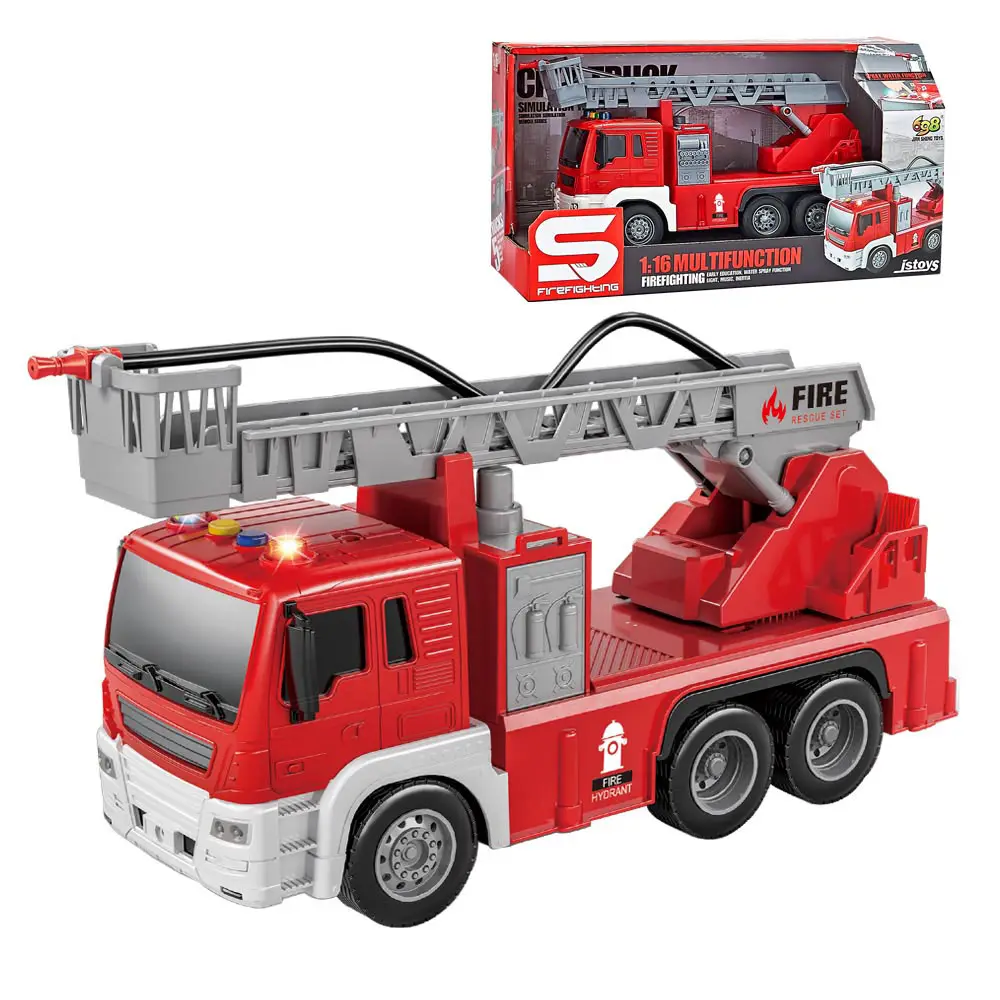 Venta caliente 1:16 fricción camiones de bomberos rociar agua coche juguetes con luces música coche de juguete