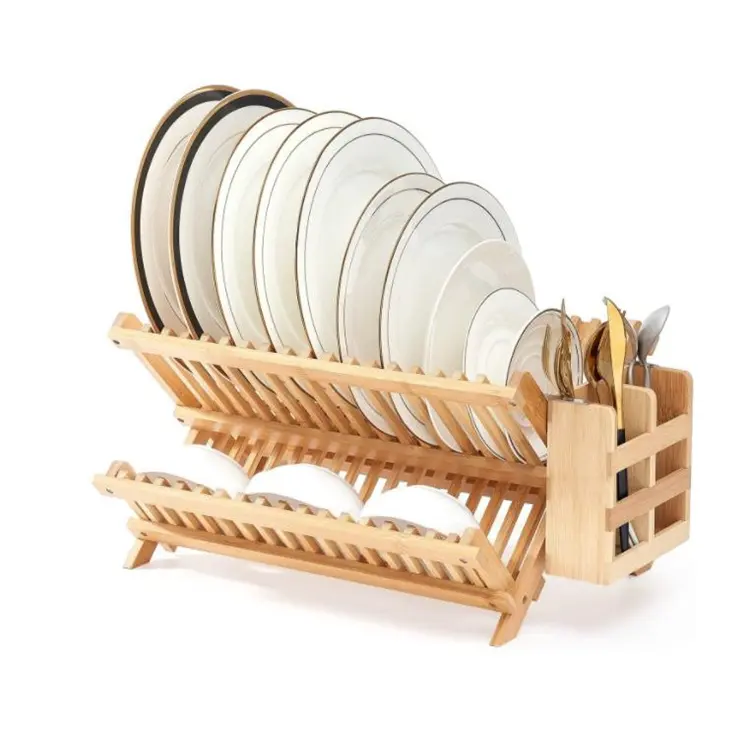 Bamboo Dish Drying Rack with Utensil Holder 3 Tier Collapsible Bamboo Wooden Dish Drying Rack for Kitchen Counter