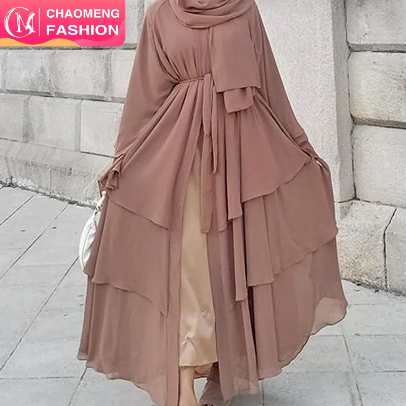 1896# 3 Layer Chiffon Solid Open Abaya Kimono Dubai Turkey Kaftan Cardigan Muslim Dresses For Women Islamic Clothing