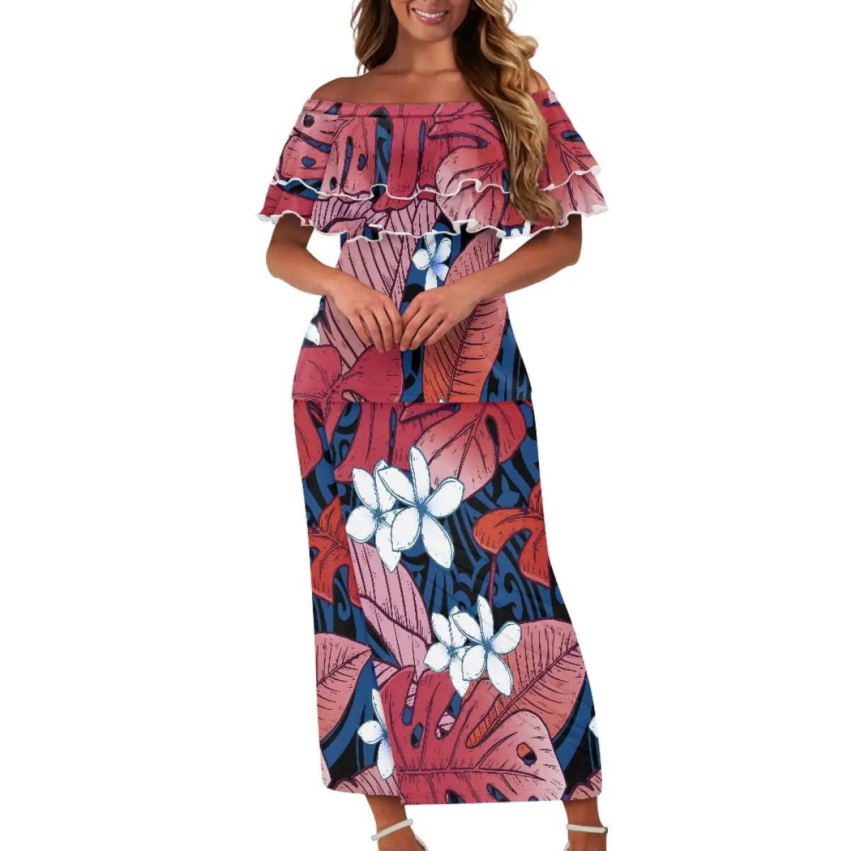 2024 ropa Polinesia conjunto de dos piezas para mujer personalizado Samoan Puletasi fuera del hombro volantes Tops y faldas largas trajes de verano estampado