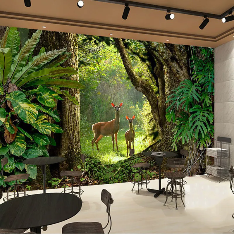 Papel de parede de fundo para paredes, mural de animais, paisagem, tema floresta tropical, veados selvagens, plantas verdes, natureza, papel de parede