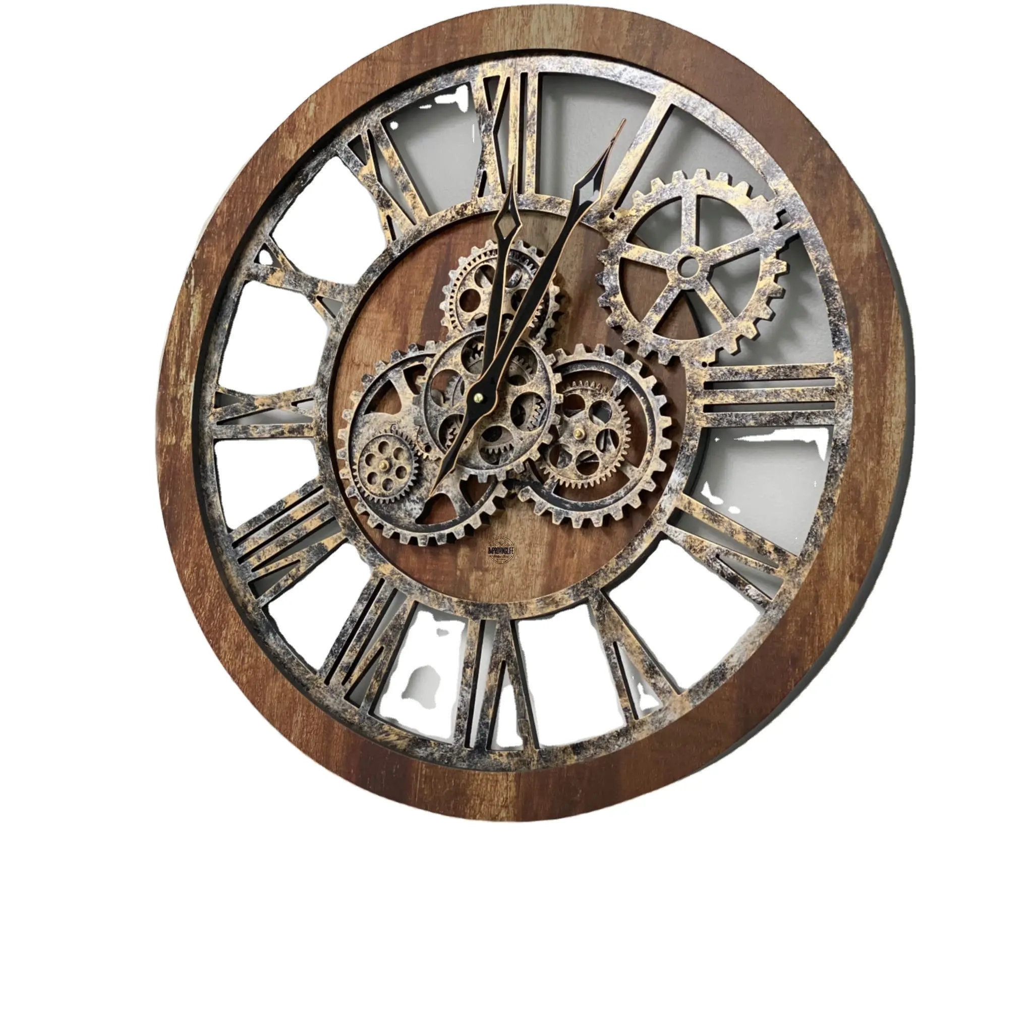 हस्तनिर्मित लकड़ी के शिल्प ओएम कस्टम चलती गियर 3 डी सजावट घड़ी आधुनिक दीवार घड़ी