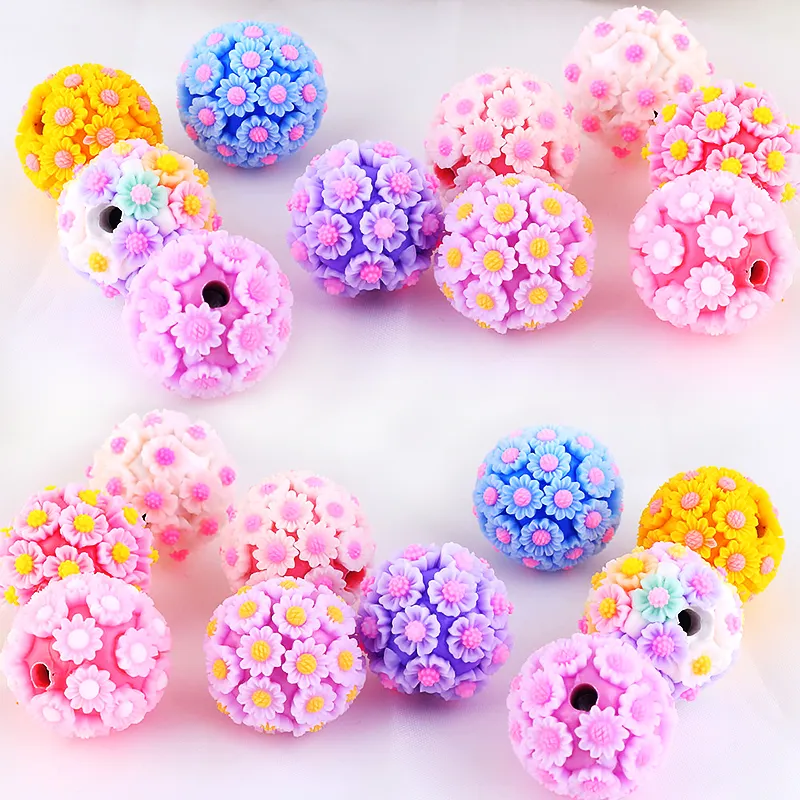 Cuentas redondas de chicle SOJI de 20mm con forma de flor de girasol, arcilla de polímero, cuentas mixtas de flores sueltas, cuentas de flores 3D para hacer bolígrafos