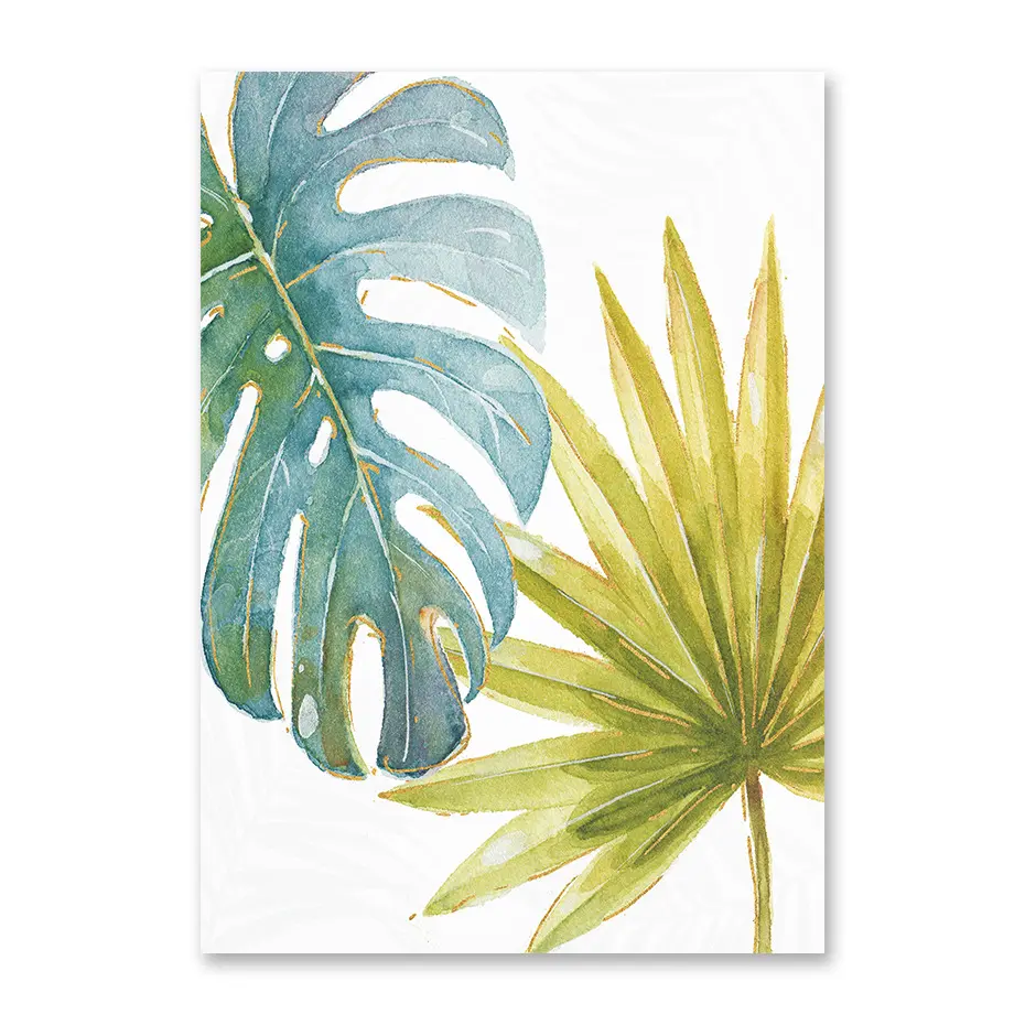 Peinture sur toile avec feuilles vertes en aquarelle, affiche murale imprimée d'art, décoration moderne minimaliste pour chambre à coucher, salon
