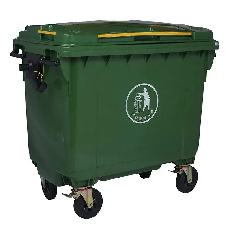 Cubo de basura para exteriores de 660 litros, contenedor Industrial, cubo de basura de plástico reciclado, cubo de basura de plástico con 4 ruedas