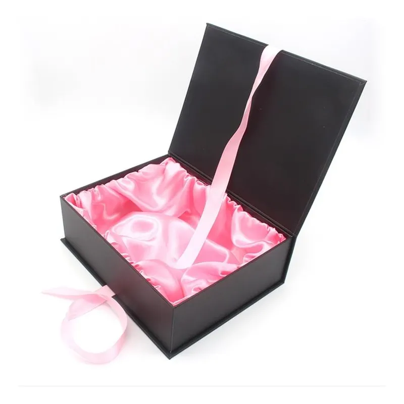 Zarif özel Logo siyah manyetik karton kağıt hediye Premium peruk lüks saç uzatma ambalaj kutusu ile saten kaplı