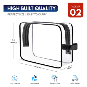 2-Pack siyah şeffaf PVC makyaj çantası 3-1-1 TSA onaylı Quart boyutu makyaj torbalar suya dayanıklı dayanıklı fermuar havaalanı - Product Image 2