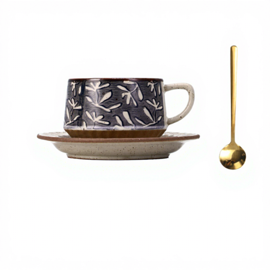 Juego de taza de café con plato y cuchara en forma de flor - Flor de hierba - 300ml
