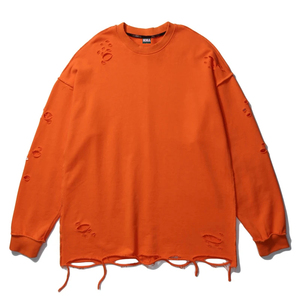 Toptan boy Vintage asit yıkama kazak kırma kesme tişörtü delik yırtık tahrip uzun kollu T Shirt