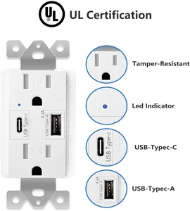 USB插座15A 125V 4.2A a型和C型2端口USB充电器防篡改TR USB插座UL认可插座 - Product Image 2