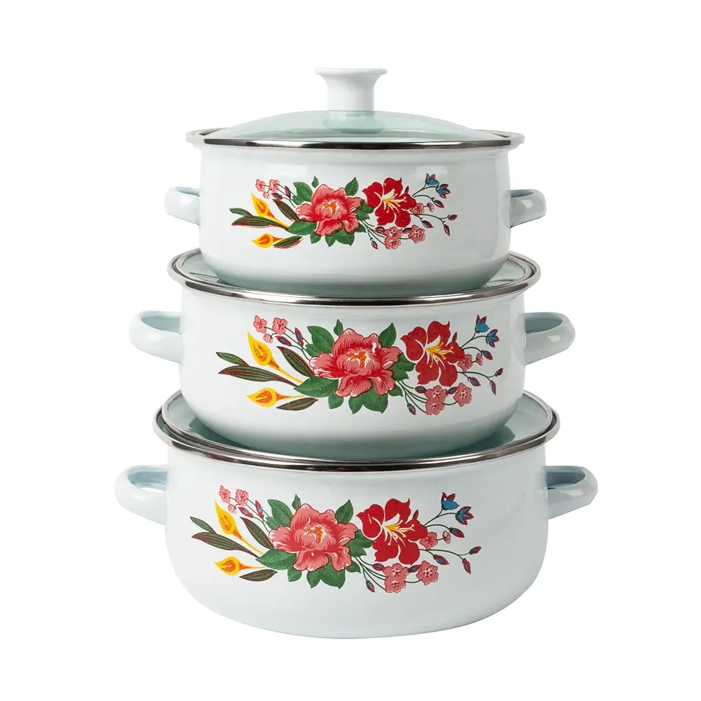 Enameled pot three-piece cookware set white bottom flower soup pot with two ears cooking pot