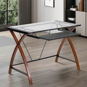 Tavolo per Computer in vetro per Home Office a prezzi competitivi con supporto per tastiera estraibile con struttura a croce con Design moderno regolabile - Product Image 2