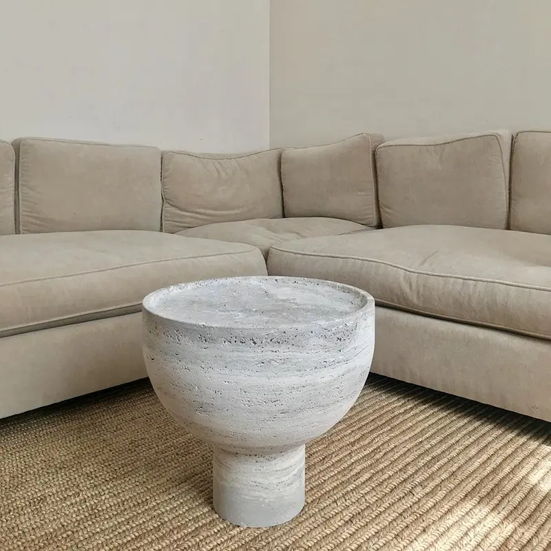 Nordic Modern Style Living Room Gray Stone Round Travertine Corner Side Table