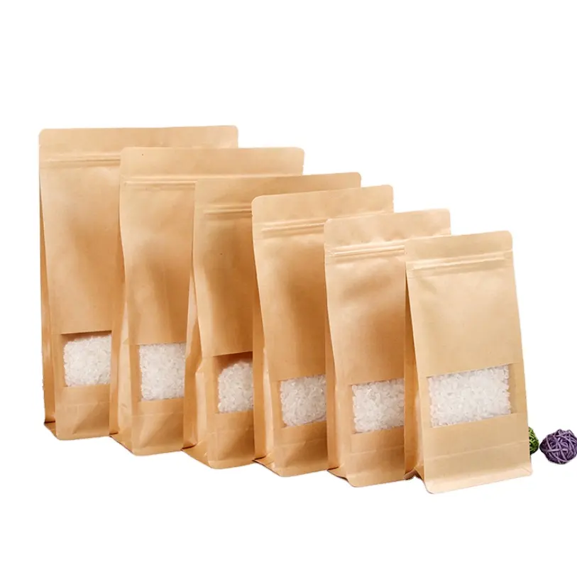 Bolsas de embalaje con cremallera de papel Kraft laminado de lijado de alimentos de arroz de grano ecológico de tamaño personalizado