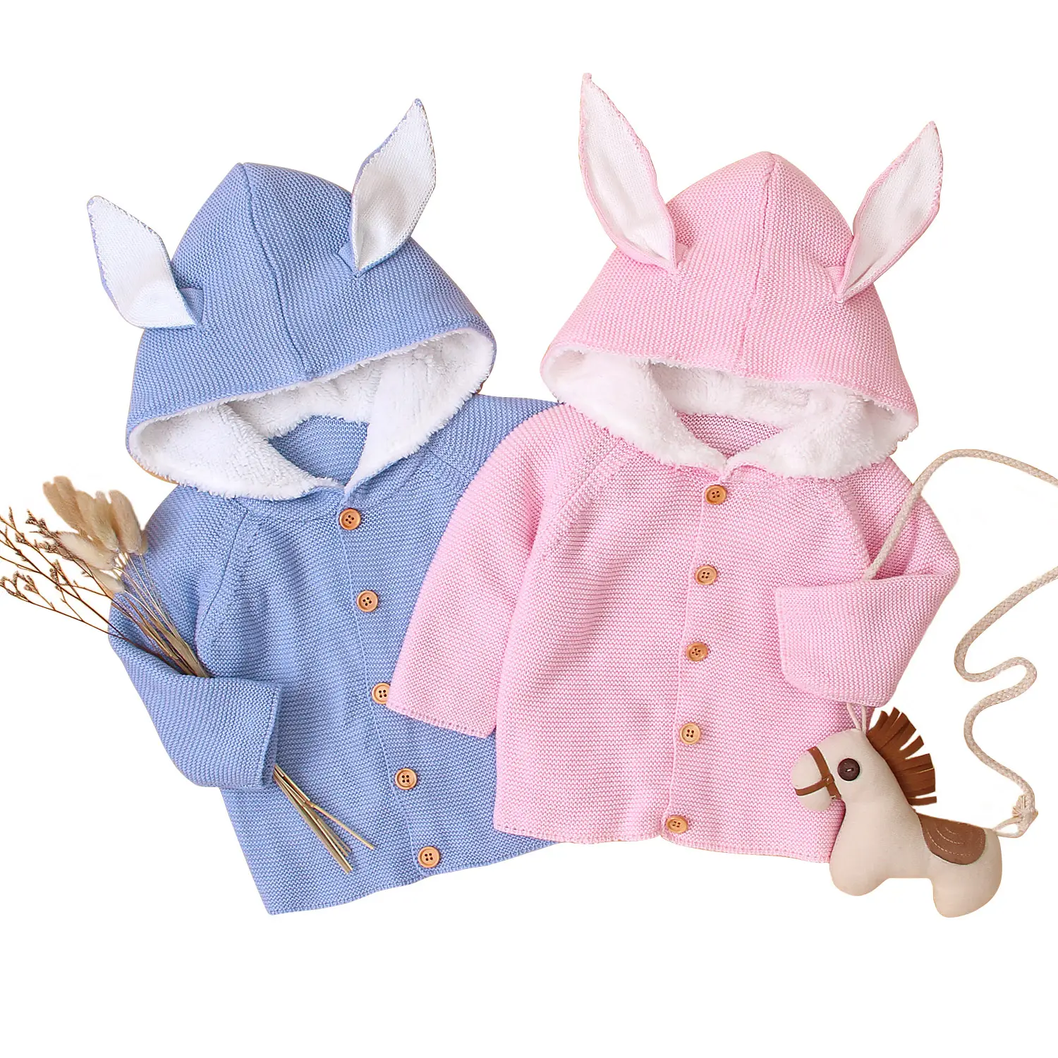 Appena nato del bambino bunny maglioni infantile lavorato a maglia delle ragazze orecchie di coniglio cardigan giacca con cappuccio abbigliamento bambini cappotti di inverno del bambino del cappotto