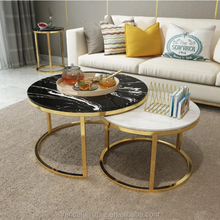 Ouro simples círculo de metal perna de mármore tampo de vidro mesa de café mesa de centro para sala de estar do hotel