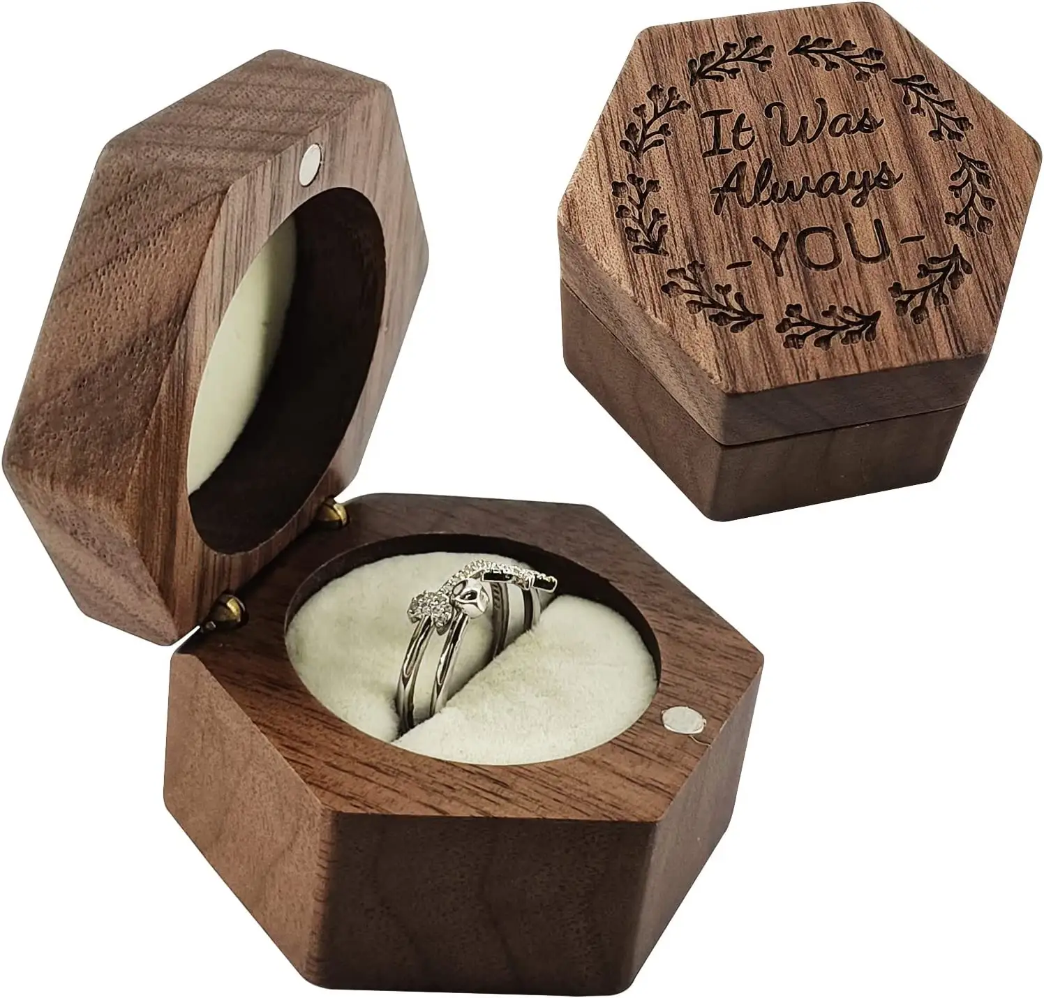 Boîte à bagues en bois noyer hexagone pour fiançailles de cérémonie de mariage boîte à bijoux emballage cadeau boîte à bagues de rangement