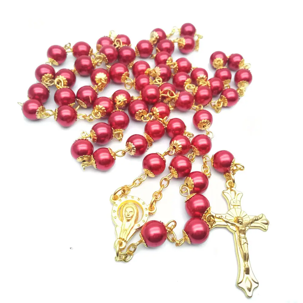 Collana rosario moda croce collana fiore nastro di perle rosse collane con ciondolo croce gesù