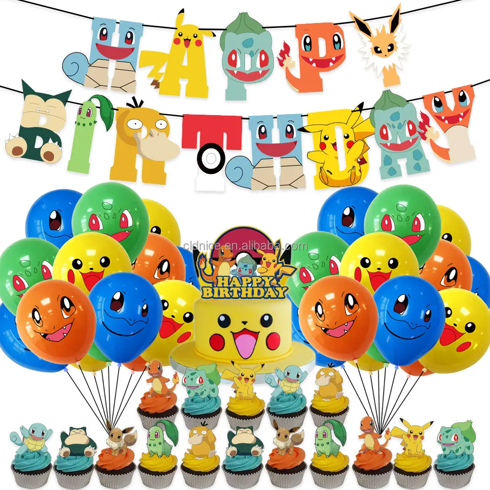 Nice Pikachu Themed Latex Balloon Paper Banner Cake Topper Balloon Set Kids Birthday Party Decorations