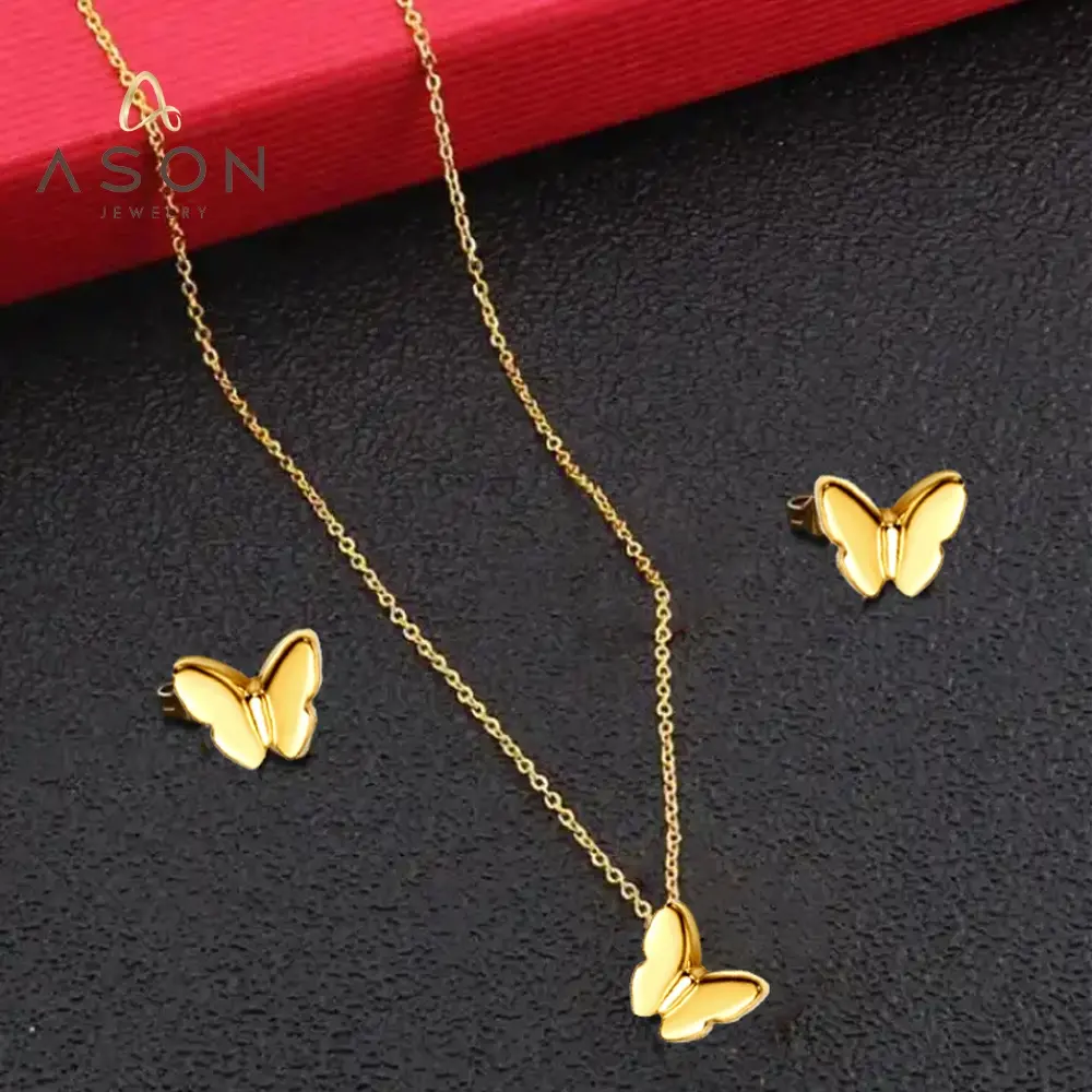 Ason Custom 18k banhado a ouro borboleta charme colar brincos mulheres delicadinho aço inoxidável casal colar para noiva conjunto de jóias
