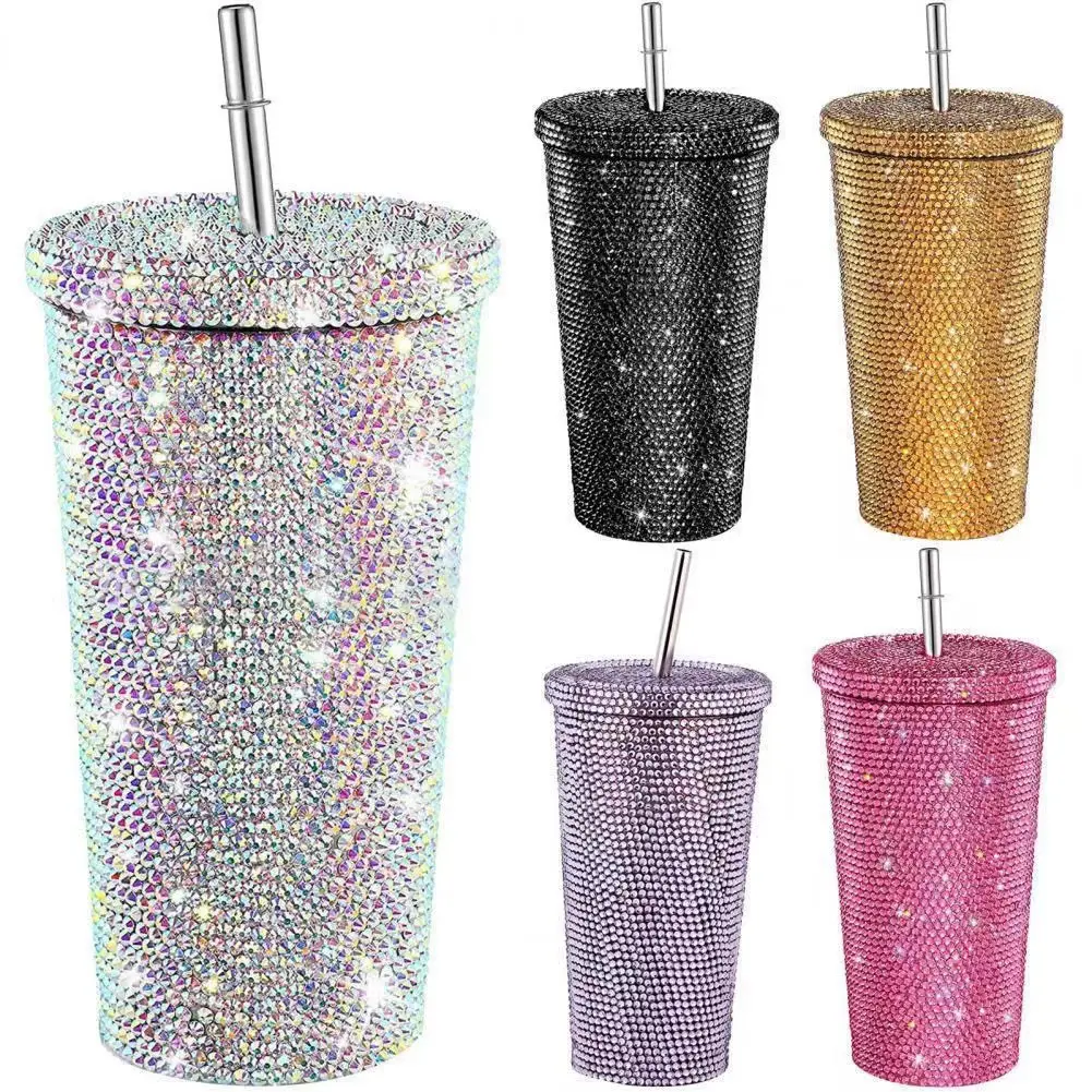 wholesale rhinestone custom colored glitter sparkly metal water tumbler stainless steel cup with straw