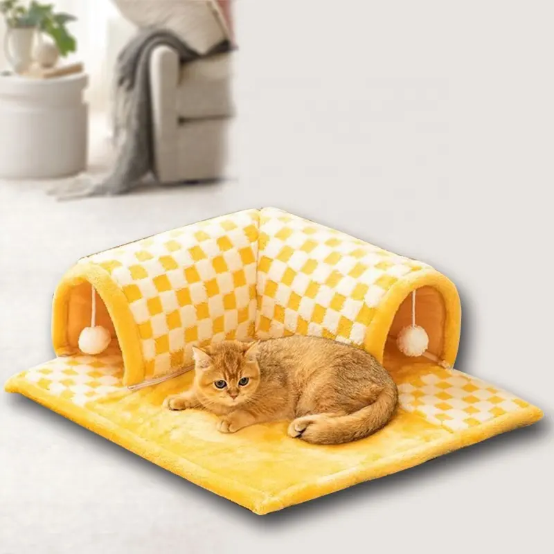 2 in 1 Plush Cat Tunnel Bed Fuzzy Cat Bed Foldable Indoor Soft Round with a Hanging Ball Plaid Cat Tunnel