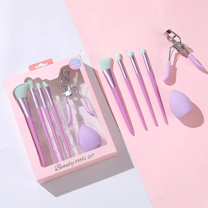 6 stück make-up-werkzeuge kit loses pulver puff rosa make-up pinsel und schwamm set kosmetik lila wimpern lockler make-up pinsel set