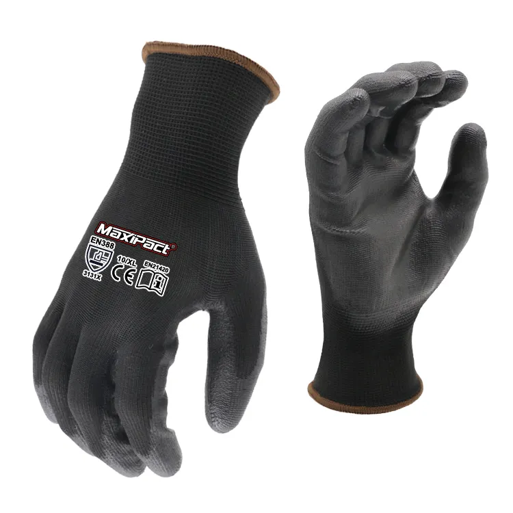 MaxiPact En 388 3131X CE MOQ 240 pares Guante recubierto de Pu, guantes protectores de mano de trabajo de poliéster para jardín, guantes de trabajo de seguridad